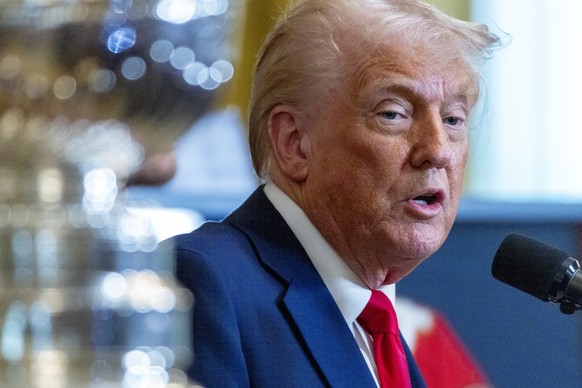 epa11873600 US President Donald J. Trump delivers remarks during a ceremony to honor the 2024 NHL Stanley Cup Champion Florida Panthers hockey team in the East Room of the White House in Washington, D ...