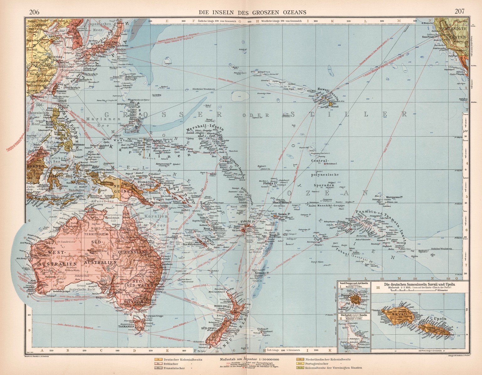 Pazifikraum mit Hawaii: Die Inseln des Grossen Ozeans&nbsp;aus dem «Allgemeinen Handatlas» von Richard Andree (1905).&nbsp;