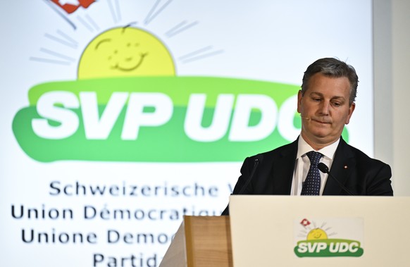 Parteipraesident Marco Chiesa, an der Delegiertenversammlung der SVP Schweiz, am Samstag, 9. April 2022, in der Stadthalle in Chur. (KEYSTONE/Gian Ehrenzeller)
