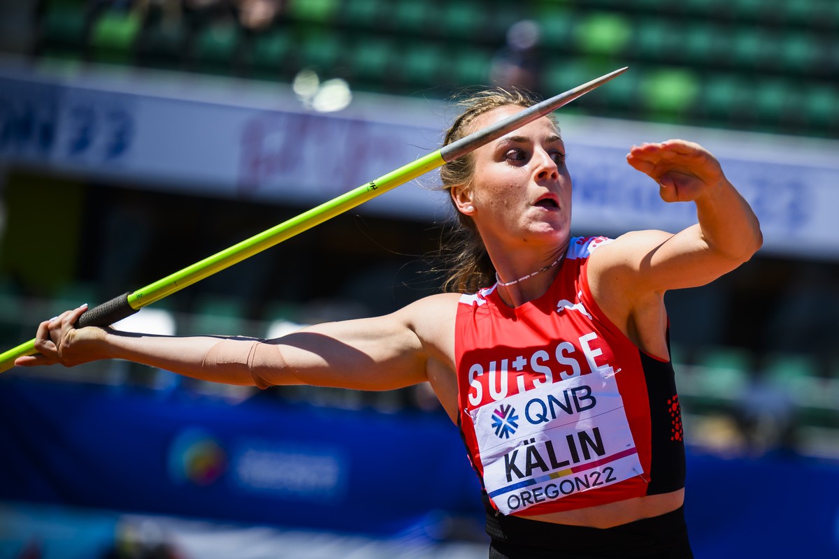 Annik Kaelin of Switzerland competes for the women's javelin throw as part of Heptathlon during the IAAF World Athletics Championships, at the Hayward Field stadium, in Eugene, United States, Mon ...
