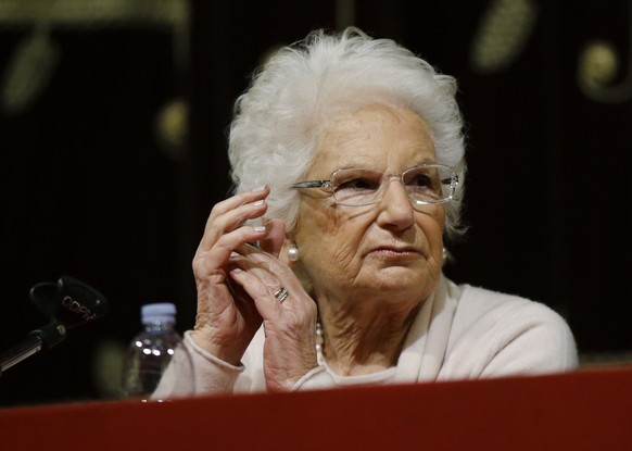 Holocaust survivor Liliana Segre speaks with young students on the occasion of an Holocaust remembrance, at the Arcimboldi theatre in Milan, Italy, Wednesday, Jan. 24, 2018. Segre, a senator for life, ...