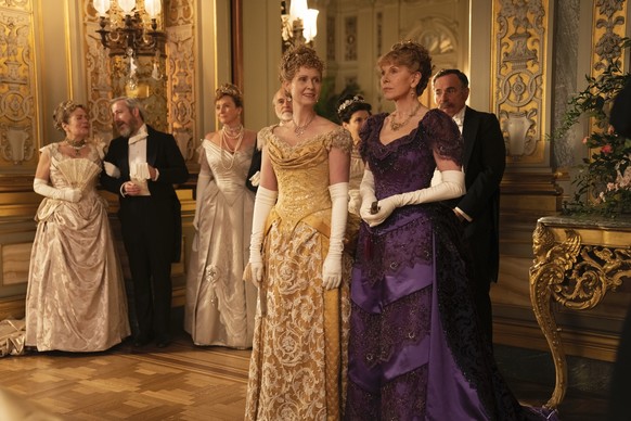 This image released by HBO shows Cynthia Nixon, left, and Christine Baranski in a scene from &quot;The Gilded Age.&quot; (Alison Cohen Rosa/HBO via AP)