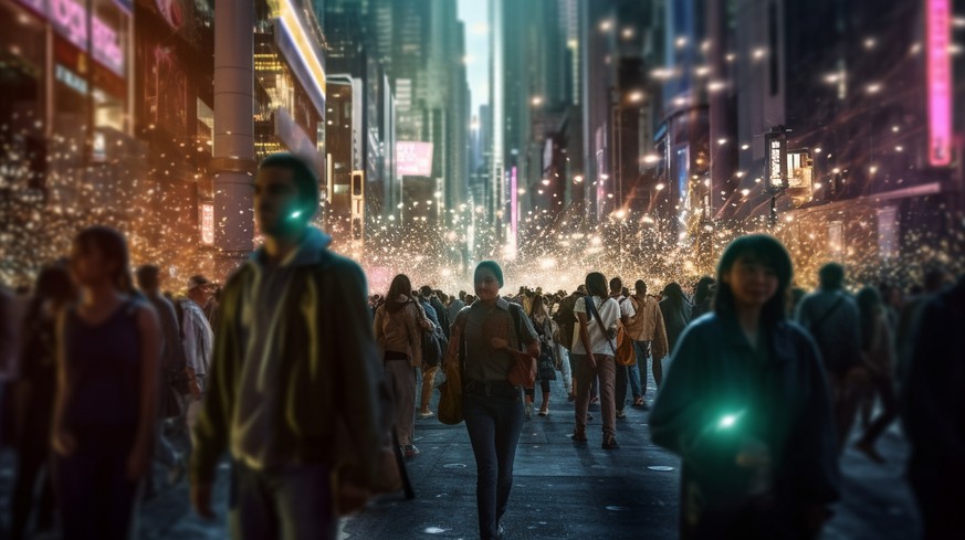 Dieselben Eingaben, anderes Bild. So stellt sich der KI-Bildgenerator Midjourney eine Stadt vor, in der die Menschen mit einer Künstlichen Intelligenz verbunden sind.