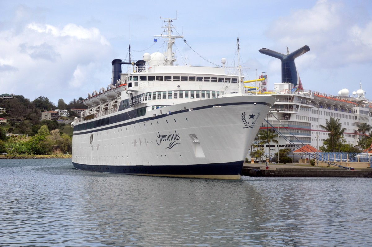 epa07543306 View of 'Freewinds', the cruise ship of the Church of Scientology, which is still docked in quarantine due to an outbreak of measles, in Saint Lucia, 02 May 2019. Health authorit ...