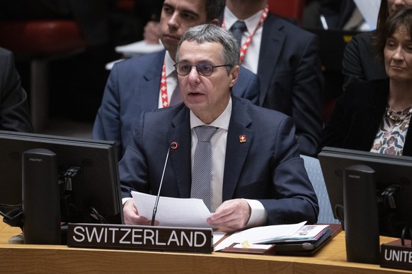 Ignazio Cassis, Head of the Federal Department of Foreign Affairs of the Swiss Confederation, speaks during a Security Council meeting at United Nations headquarters, Thursday, Jan. 12, 2023. (AP Phot ...