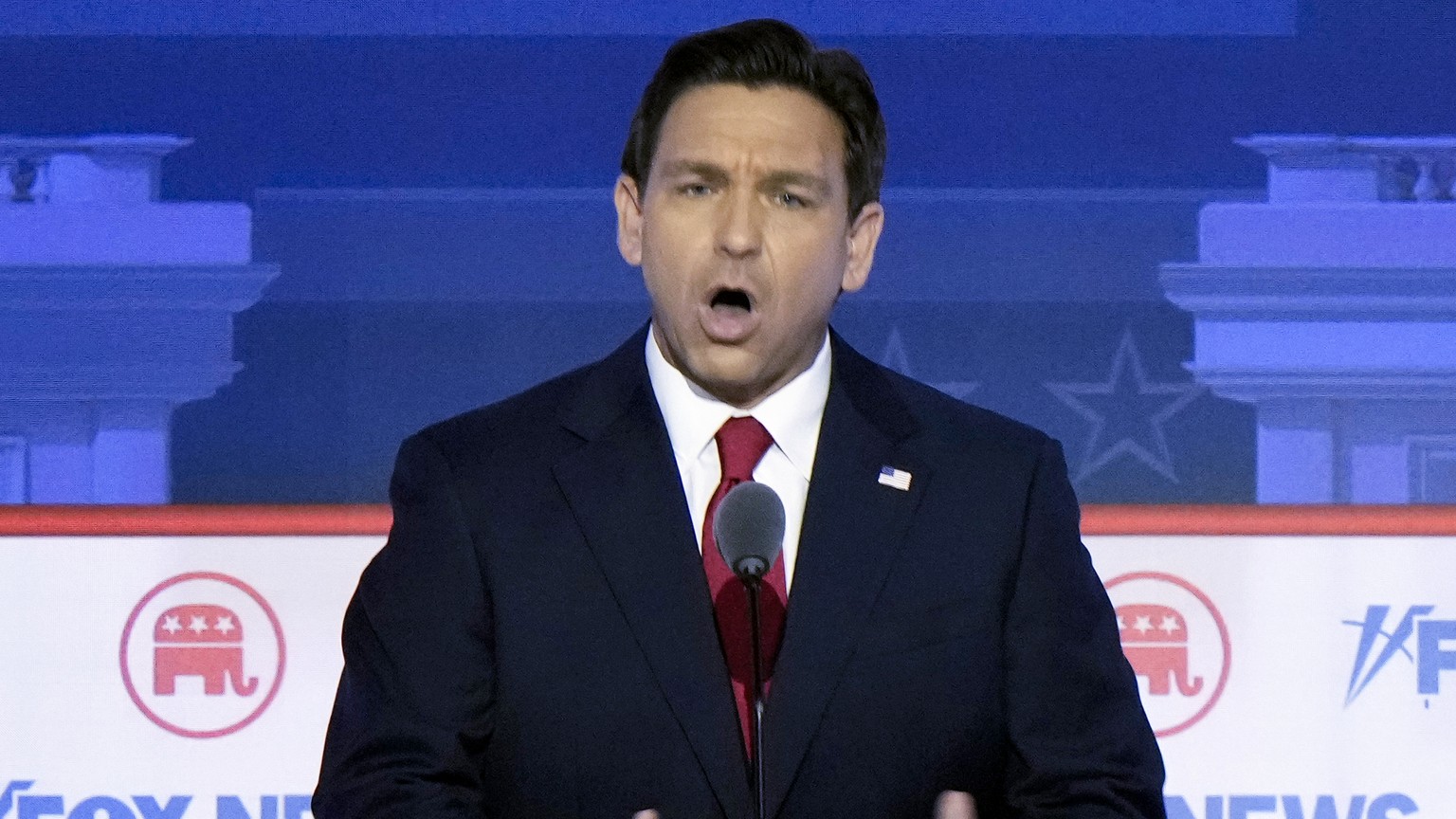 FILE - Republican presidential candidate Florida Gov. Ron DeSantis speaks during a Republican presidential primary debate hosted by FOX News Channel, Aug. 23, 2023, in Milwaukee. DeSantis says he got  ...