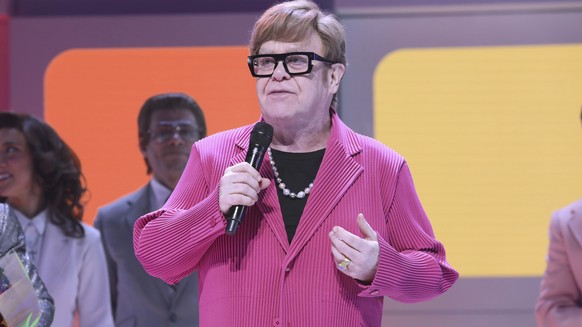 Elton John appears at the curtain call for the Broadway opening night of &quot;Tammy Faye&quot; at the Palace Theatre on Thursday, Nov. 14, 2024, in New York. (Photo by Greg Allen/Invision/AP)
Elton J ...