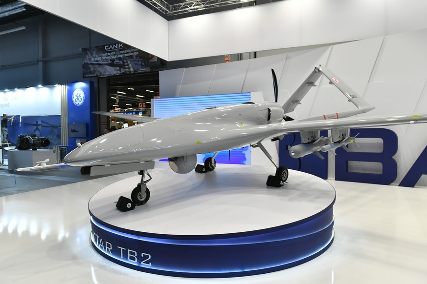 epa10161286 A medium-altitude long-endurance Bayraktar TB2 is on display at the 30th edition of the International Defence Industry Salon (MSPO) in Kielce, Poland, 05 September 2022. The International  ...