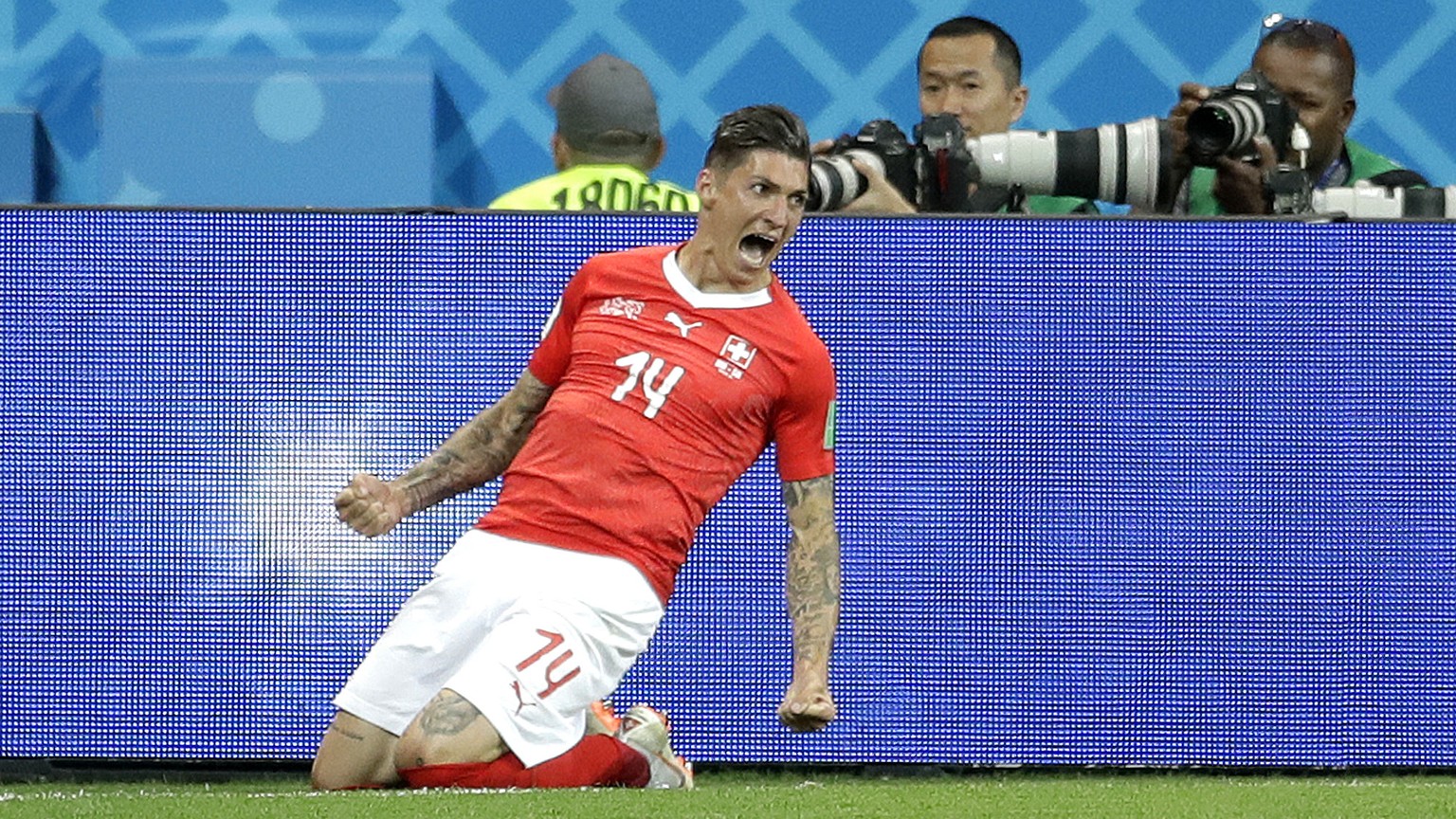 Switzerland&#039;s Steven Zuber celebrates after scoring during the group E match between Brazil and Switzerland at the 2018 soccer World Cup in the Rostov Arena in Rostov-on-Don, Russia, Sunday, June ...