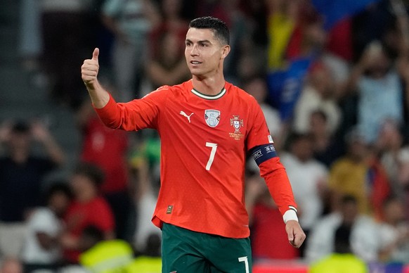 FILE - Portugal's Cristiano Ronaldo celebrates after scoring during a World Cup 2026 group F qualifying soccer match between Portugal and Hungary in Lisbon, Oct. 14, 2025. (AP Photo/Armando Franc ...
