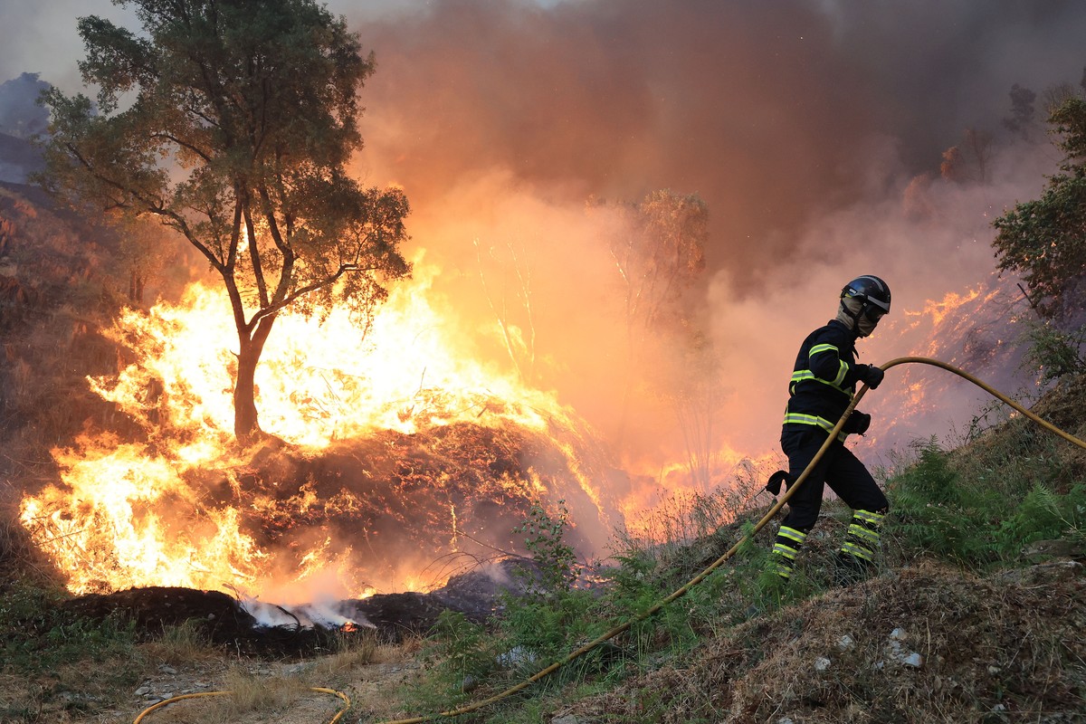 epa12271266 A firefighter fights a forest fire in Mocao, Santa Eulalia, Arouca, Portugal, 29 July 2025. The fire that has been raging for more than 24 hours in Arouca, in the district of Aveiro, has t ...