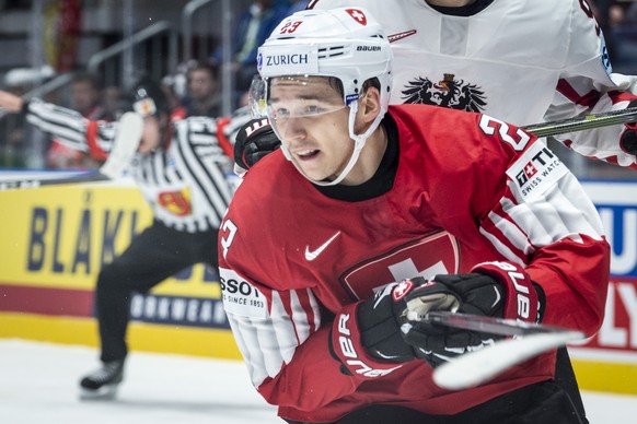 Switzerland&#039;s Philipp Kurashev during the game between Switzerland and Austria, at the IIHF 2019 World Ice Hockey Championships, at the Ondrej Nepela Arena in Bratislava, Slovakia, on Thusday, Ma ...