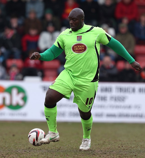 CHELTENHAM, ENGLAND - APRIL 01: Adebayo Akinfenwa of Northampton Town in action during the npower League Two match between Cheltenham Town and Northampton Town at The Abbey Business Stadium on April 1 ...