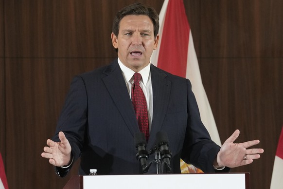 FILE - Florida Governor Ron DeSantis speaks at a press conference on January 26, 2023 in Miami.  David McIntosh, the chairman of the influential Club For Growth group, said on Tuesday, Feb. 7, that the group…