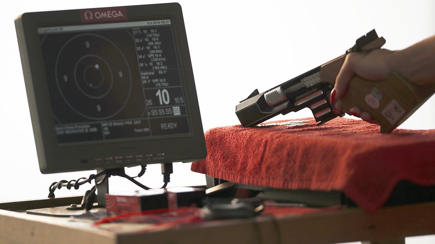 Bobana Velickovic of Serbia pauses during the women&#039;s 25 meter pistol qualification precision competition at Olympic Shooting Center at the 2016 Summer Olympics in Rio de Janeiro, Brazil, Tuesday ...