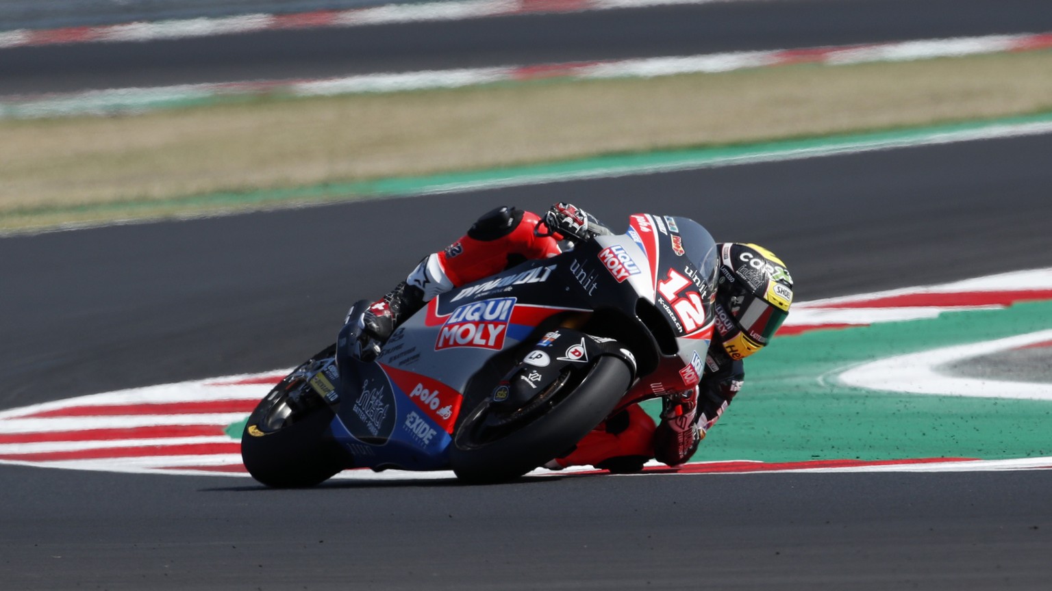 Moto2 rider Thomas Luthi of Switzerland takes a curve during the San Marino Motorcycle Grand Prix at the Misano circuit in Misano Adriatico, Italy, Sunday, Sept. 13, 2020. (AP Photo/Antonio Calanni)