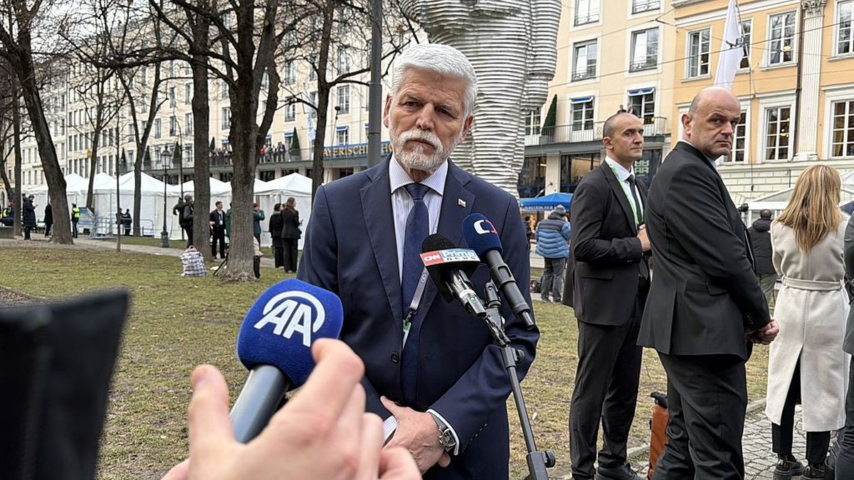 MUNICH, GERMANY - FEBRUARY 13: Petr Pavel speaks to the press on Friday in front of the Bayerischer Hof Hotel, where the 62nd Munich Security Conference is being held, on February 13, in Munich, Germa ...