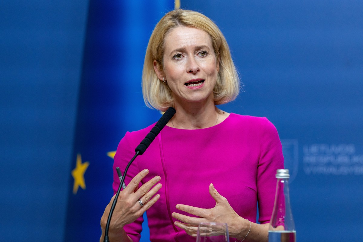 European Union foreign policy chief Kaja Kallas speaks during a news conference following her meeting with Lithuania's Prime Minister Mindaugas Sinkevicius at the government's headquarters i ...