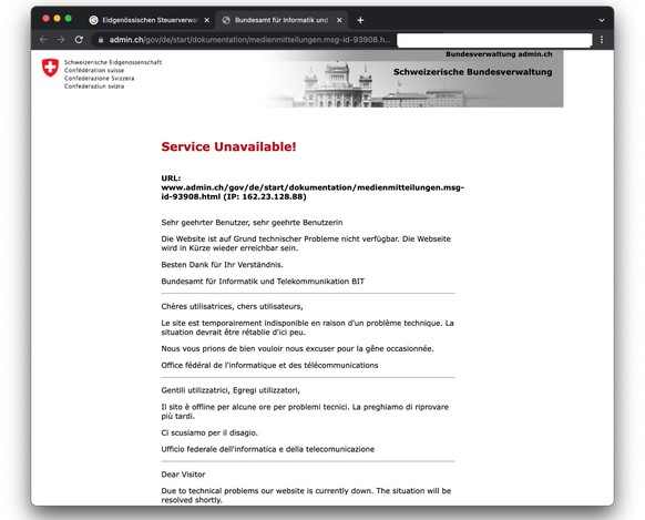 Die Website der Eidgenössischen Steuerverwaltung war am Montagnachmittag (12. Juni 2023) nicht erreichbar. Folge einer DDoS-Attacke.