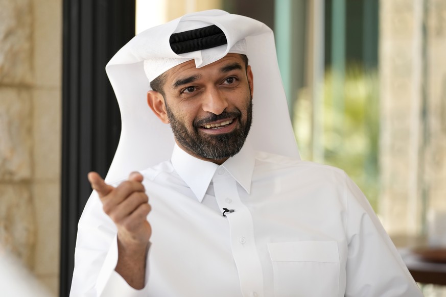 FILE - Hassan Al Thawadi, Secretary General of the World Cup organizing committee talks during an interview with The Associated Press in Doha, Qatar, on March 31, 2022. A long-standing whistleblower a ...