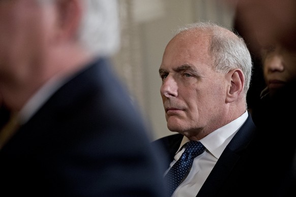 epa06585903 John Kelly, White House chief of staff, listens to a joint news conference with US President Donald J. Trump and Prime Minister Stefan Lofven of Sweden, in the East Room of the White House ...