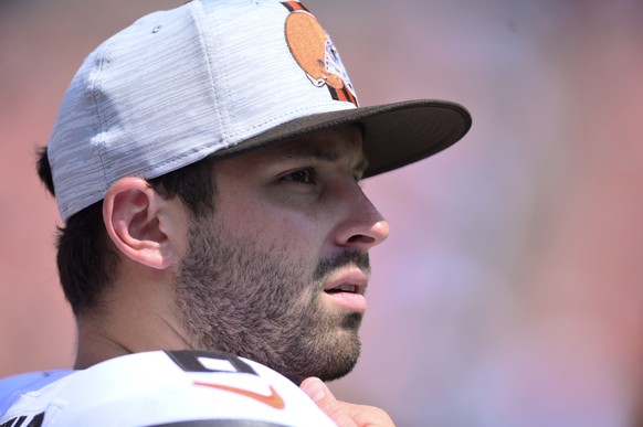 Cleveland Browns quarterback Baker Mayfield watches during the second half of an NFL preseason football game against the New York Giants, Sunday, Aug. 22, 2021, in Cleveland. (AP Photo/David Richard)