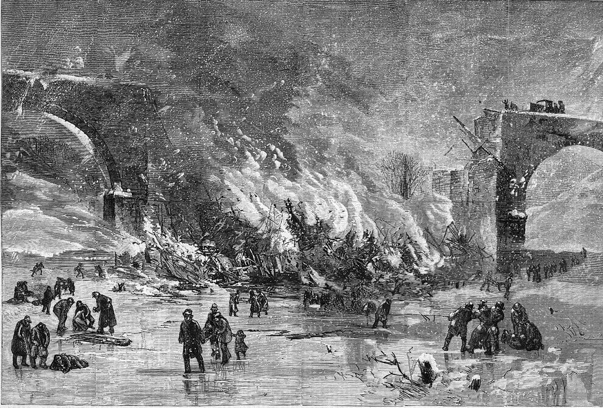 29. Dezember 1876: Eisenbahnunfall von Ashtabula. Holzschnitt mit zeitgenössischer Darstellung des Unfalls.