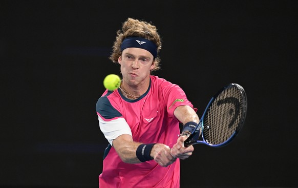 epa11823608 Andrey Rublev of Russia in action during the Men&#039;s Singles first round match against Joao Fonseca of Brazil at the Australian Open Grand Slam tennis tournament in Melbourne, Australia ...