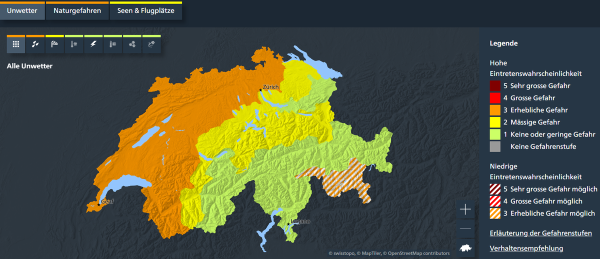 Die Karte zeigt die aktuellen Informationen zu Unwettern, Naturgefahren und der Windsituation für Seen &amp; Flugplätze.