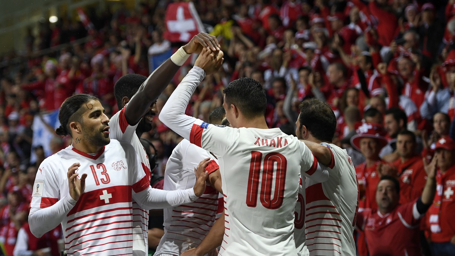 Swiss soccer players celebrate the goal to the 0:2 during the 2018 Fifa World Cup group B qualifying soccer match Latvia against Switzerland at Skonto Stadium, in Riga, Latvia, Sunday, September 3, 20 ...