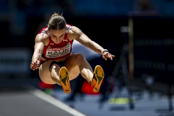 Annik Kaelin of Switzerland in action during the long jump as part of the women&#039;s heptathlon at the European Athletics Championships, in the Olympic stadium, in Rome, Italy, Saturday, June 8, 202 ...