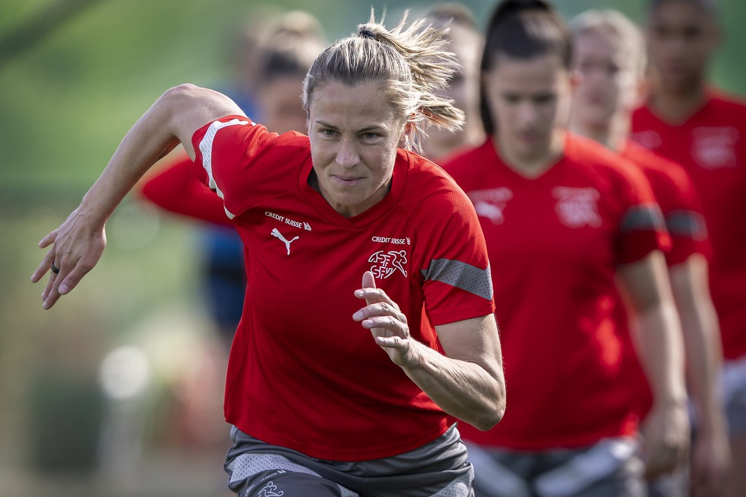 Switzerland&#039;s player Ana-Maria Crnogorcevic in action during a training session at Arroyo Enmedio by Marbella Football Center, in Estepona, Spain, Thursday, February 22, 2024. The Swiss national  ...