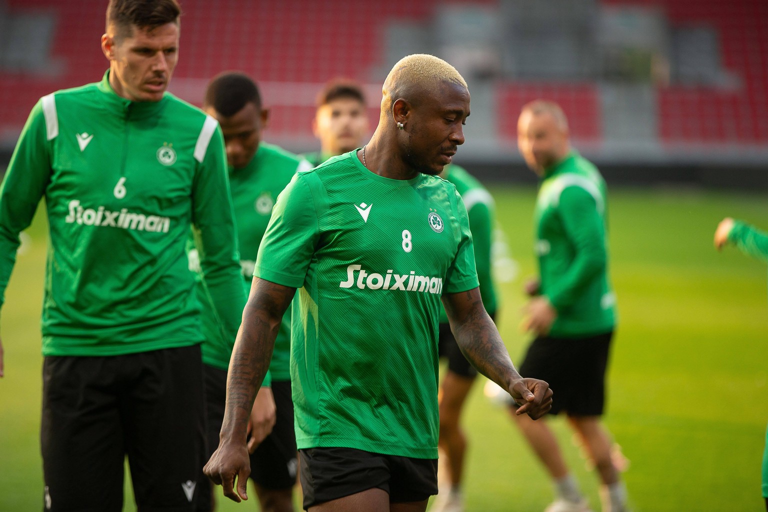 Omonoia s Iyayi Atiemwen pictured during a training session of Cyprus club Omonia Nicosia, in Antwerp, Wednesday 25 August 2021. On Thursday nicosia will play in the return leg of the play-off for the ...