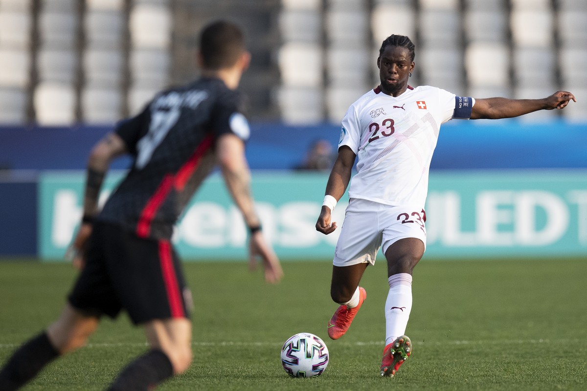 Switzerland's Jordan Lotomba in action during the group stage group D match between Croatia and Switzerland at the UEFA European Under 21 Championship, Sunday, March 28, 2021 in the stadium Bonif ...