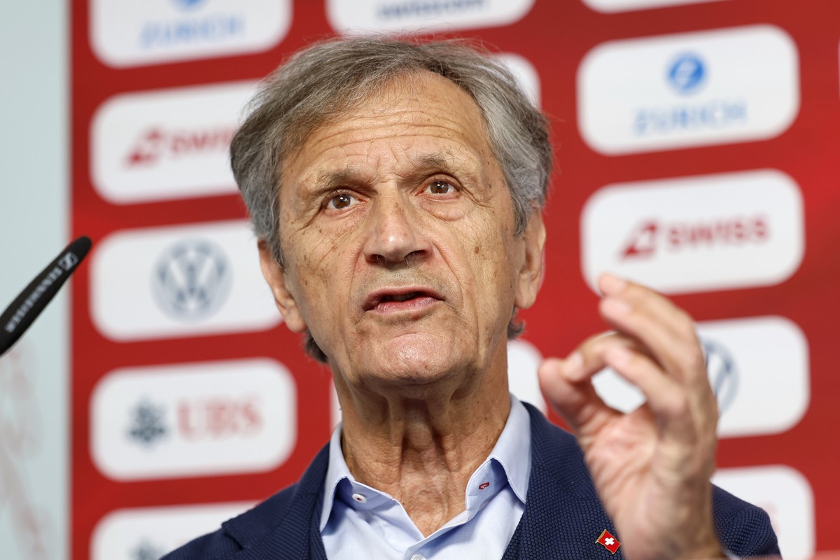 Dominique Blanc, president of the Swiss football federation, attends a press conference at the "Stadion auf der Waldau" in Stuttgart, Germany, Sunday, July 7, 2024.(KEYSTONE/Peter Klaunzer)