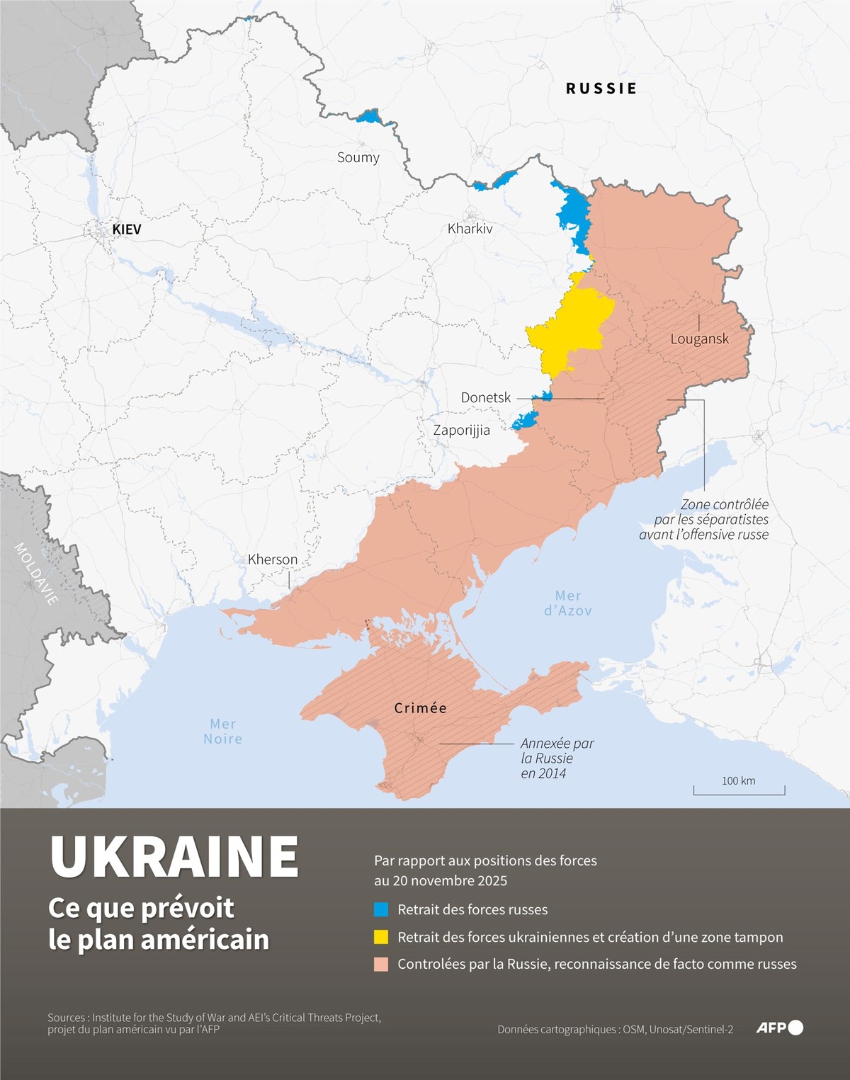 Carte des zones d'Ukraine qui seraient reconnues de facto comme russes ou conservées par l'Ukraine selon le projet du plan américain vu par l'AFP, par rapport aux positions des forces m ...