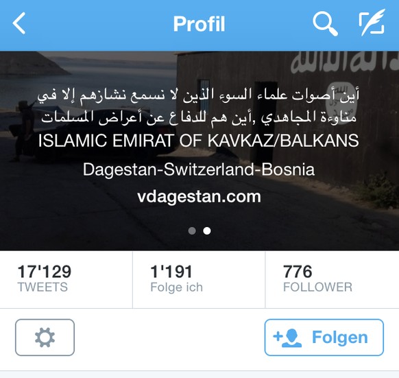 Twitterer «Dagestaner» ist offenbar auch in der Schweiz zu Hause und verweist auf die einschlägige Webseite vdagestan.com. Das v steht für einen islamischen Verwaltungsbezirk. Videos auf der Seite unt ...