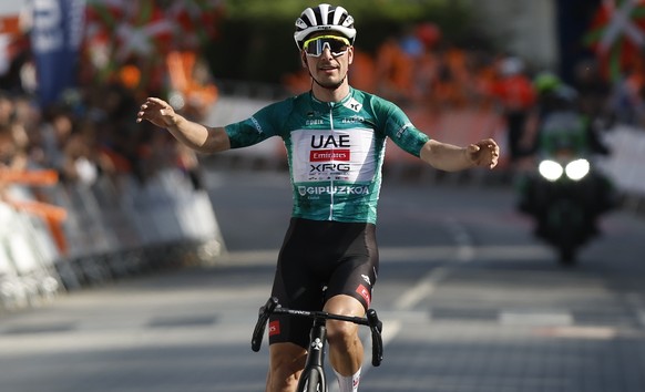 epa12022935 UAE Team Emirates XRG rider Joao Almeida of Portugal wins the fourth stage of the Tour of the Basque Country cycling tour, over 169.6km from Beasain to Markina-Xemein, Spain, 10 April 2025 ...