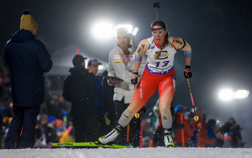 epa11140245 Lena Haecki-Gross of Switzerland in action during the women&#039;s 7.5km Sprint race at the Biathlon World Championships in Nove Mesto, Czech Republic, 09 February 2024. EPA/MARTIN DIVISEK