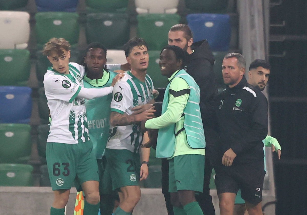 Larne v St. Gallen - UEFA Europa Conference League - League Stage - Windsor Park St. Gallen s Hugo Vandermersch celebrates scoring their side s second goal of the game during the the UEFA Europa Confe ...