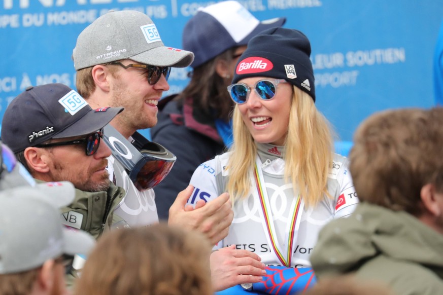 FIS Alpine Ski World Cup Finals - Courchevel Meribel - . Courchevel, France on March 17, 2022. Men s Super-G race, Mikaela Shiffrin USA in talks with her boyfriend, Norway s Aleksander Aamodt Kilde Pi ...