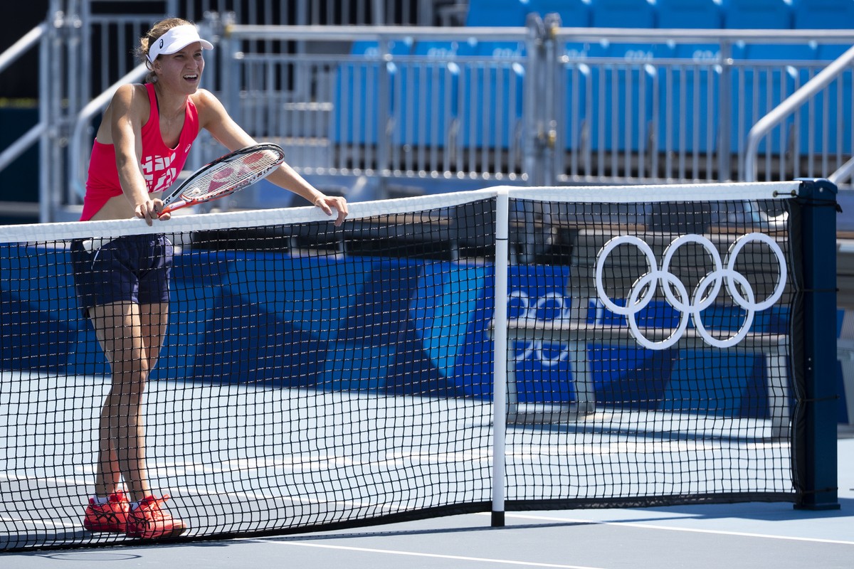 Switzerland's Viktorija Golubic in action during a training session at the Ariake Tennis Center at the 2020 Summer Olympics, in Tokyo, Japan, Thursday, July 22, 2021. (KEYSTONE/Peter Klaunzer)