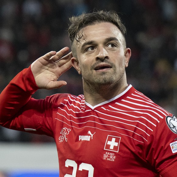 FILE -- Switzerland's midfielder Xherdan Shaqiri, celebrates his score to 1-0 during the UEFA Euro 2024 qualifying group I soccer match between Switzerland and Belarus, on Sunday, October 15, 202 ...