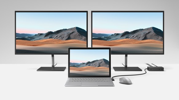 Über das Surface Dock können zum Beispiel zwei 4k-Monitore verbunden werden.