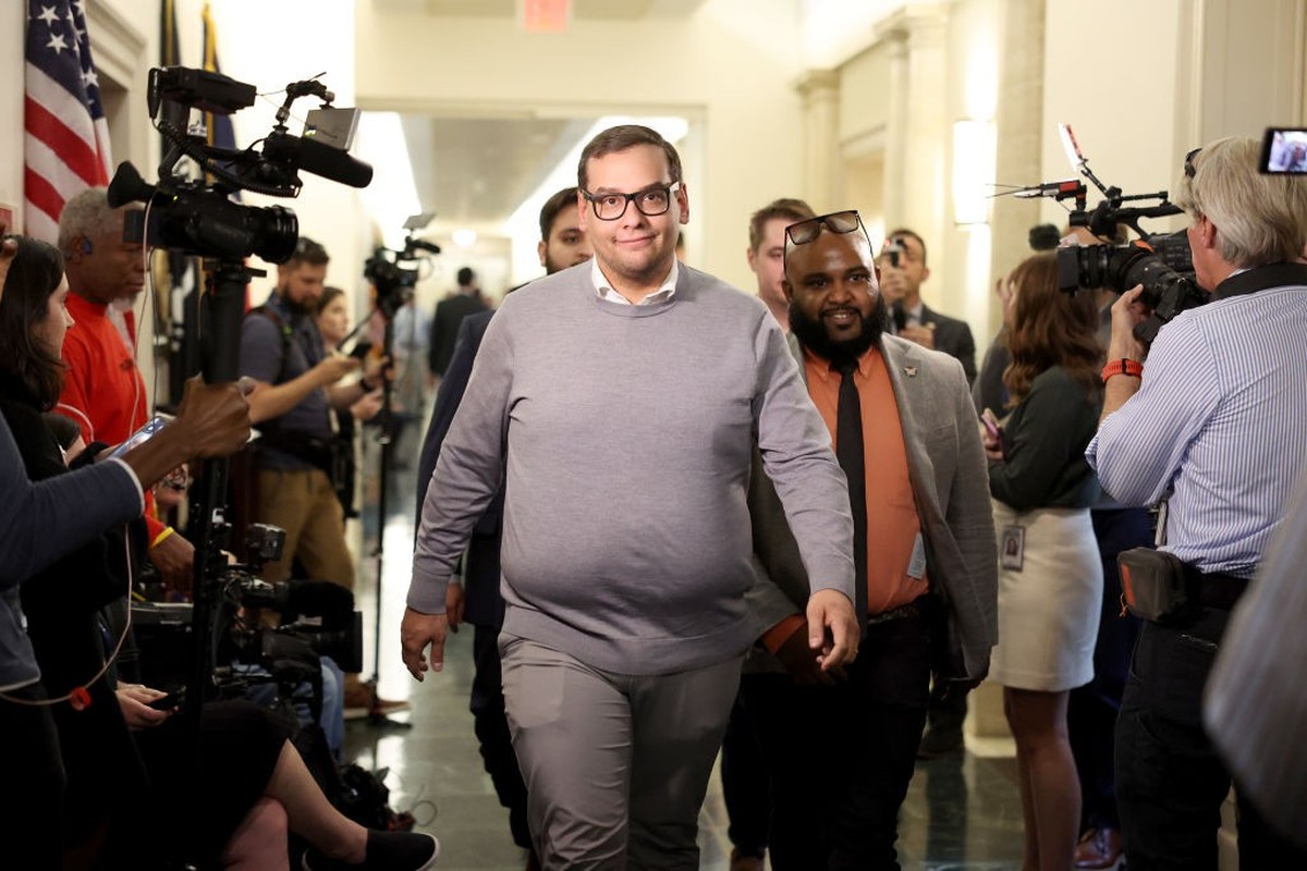 WASHINGTON, DC - OCTOBER 24: U.S. Rep. George Santos (R-NY) leaves a House Republican conference meeting in the Longworth House Office Building on Capitol Hill on October 24, 2023 in Washington, DC. M ...