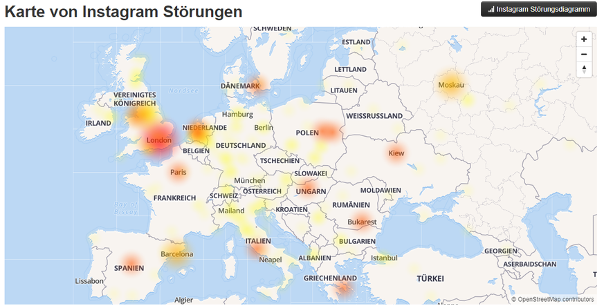 Instagram war in grossen Teilen Europas, aber auch in einigen Regionen der USA und in Asien offline oder nur schwer erreichbar.