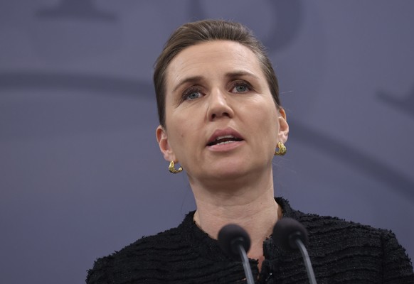 Denmark&#039;s Prime Minister Mette Frederiksen speaks during a press conference in the Prime Minister&#039;s Office in Copenhagen, Denmark, Friday Dec. 17, 2021. The Danish Prime Minister said Friday ...