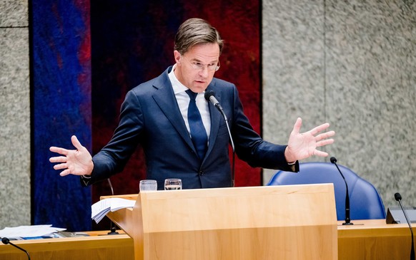 epa09329501 Outgoing Prime Minister Mark Rutte speaks during a debate in the House of Representatives about the childcare benefits report and the resignation of the cabinet, in The Hague, the Netherla ...