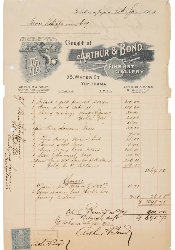 Rechnung des Geschäfts «Arthur &amp; Bond» in Yokohama, 1902.
