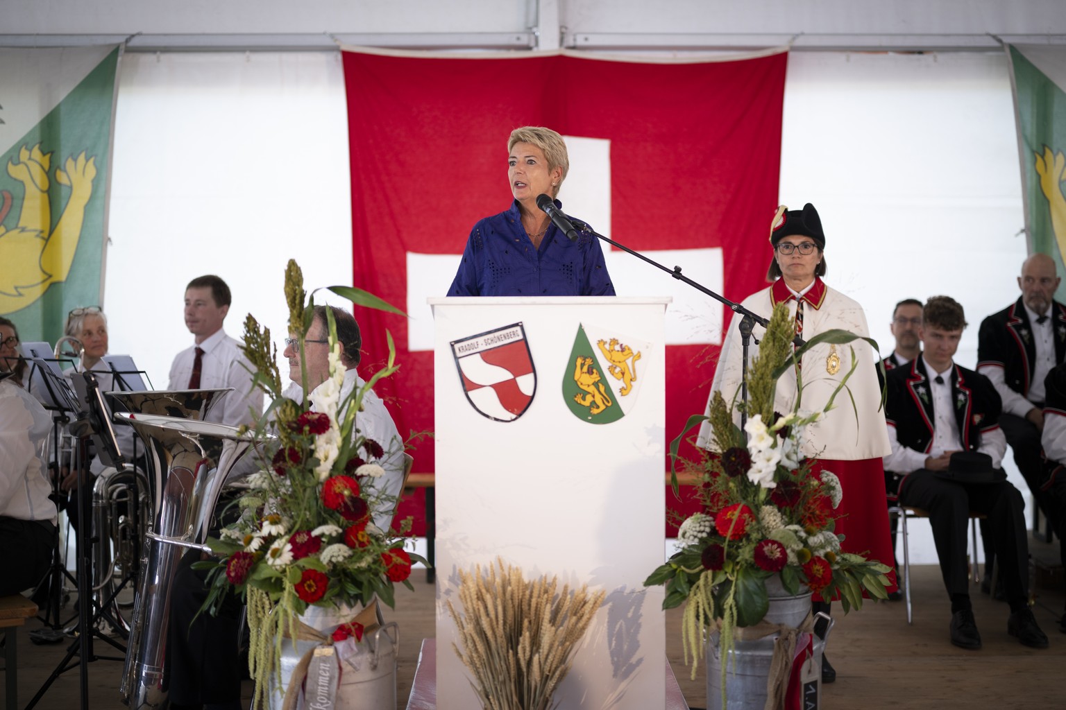 Bundesraetin Karin Keller-Sutter bei ihrer Rede anlaesslich der Bundesfeier, am Samstag, 1. August 2026, in Kradolf-Schoenenberg. (KEYSTONE/Gian Ehrenzeller)